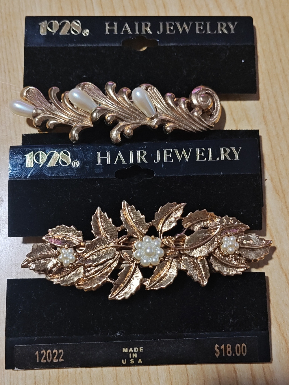 2 Victorian Vintage 1928 Brand Hair Jewelry Clip Barrette Gold with faux pearl